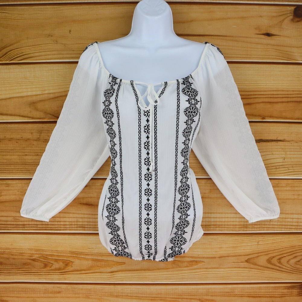 White House Black Market Sheer Crepe Top Womens Size 8 White Black Embroidery